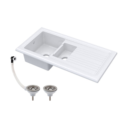 [BKS230W] 101cm 1.5 Bowl Fireclay Inset Kitchen Sink with Waste - 1010 x 525 x 235mm - Choice of Waste Finish - Cutout
