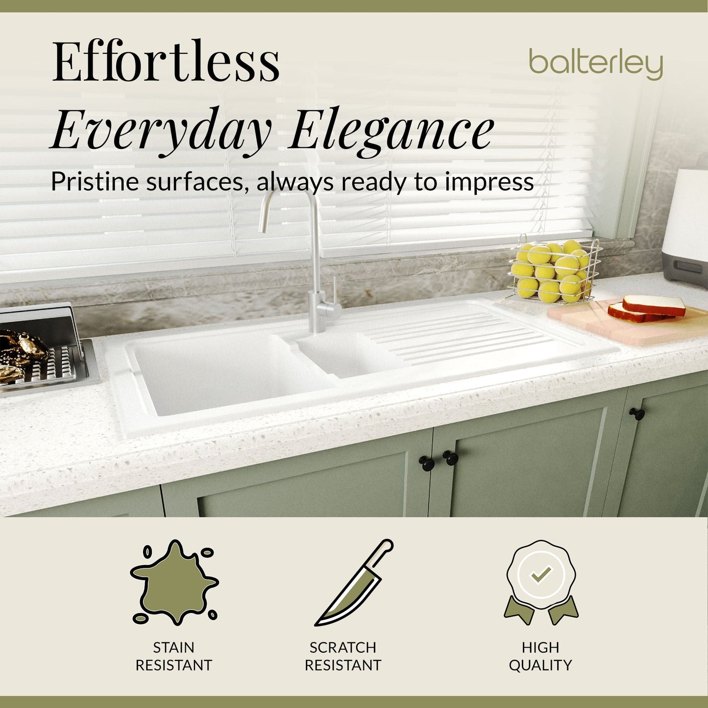[BKS230W] 101cm 1.5 Bowl Fireclay Inset Kitchen Sink with Waste - 1010 x 525 x 235mm - Choice of Waste Finish - Lifestyle 3