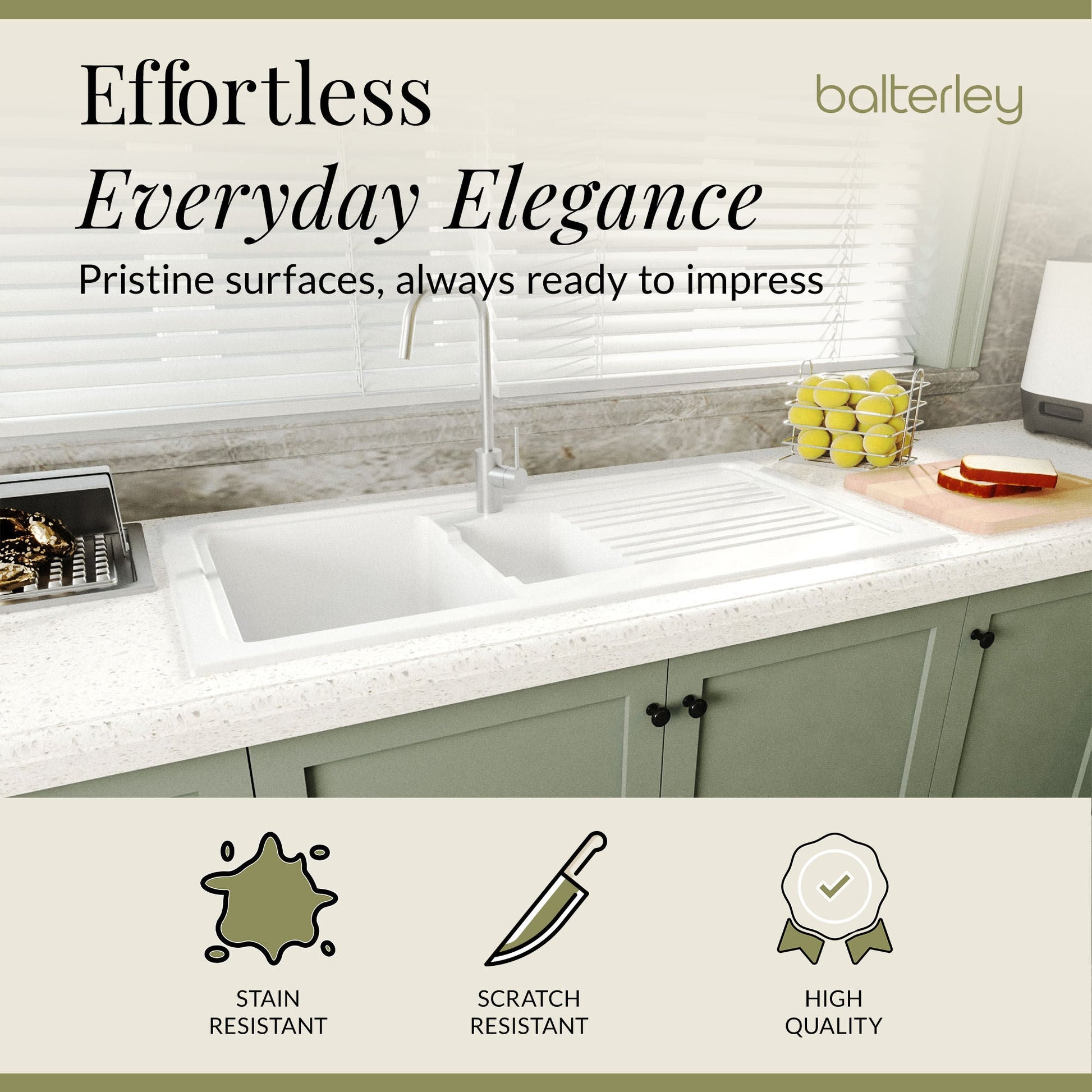 [BKS230W] 101cm 1.5 Bowl Fireclay Inset Kitchen Sink with Waste - 1010 x 525 x 235mm - Choice of Waste Finish - Lifestyle 3