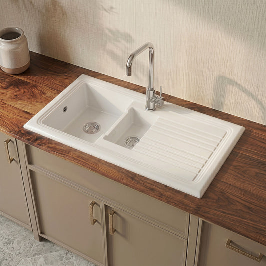 [BKS230W] 101cm 1.5 Bowl Fireclay Inset Kitchen Sink with Waste - 1010 x 525 x 235mm - Choice of Waste Finish - Silo