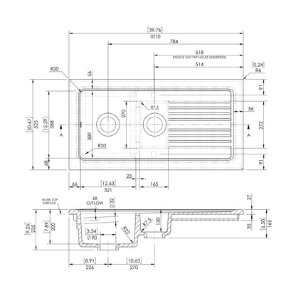 [BKS230] 101cm Inset Counter Top Fireclay Ceramic Kitchen Sink - Multiple Options Available - Technical Drawing