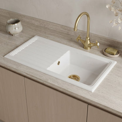 [BKS231WT11] Traditional Fireclay Kitchen Bundle: Single Bowl Sink & Drainer with Waste & Mono Crosshead Tap, 1010mm - Brushed Brass - Silo