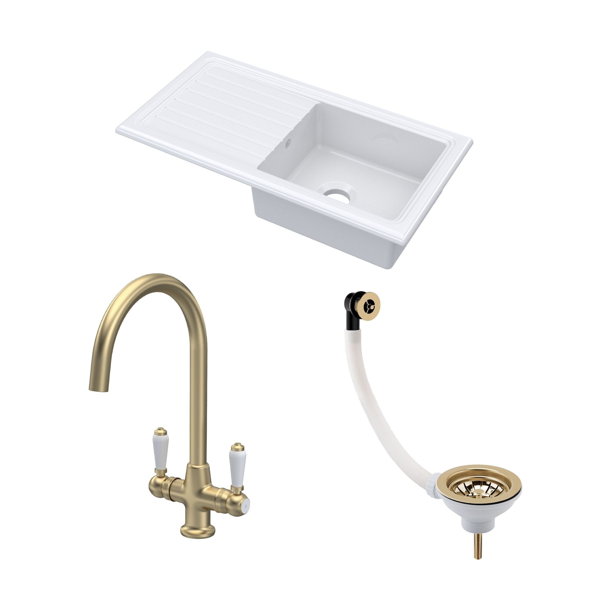 [BKS231WT12] Traditional Fireclay Kitchen Bundle: Single Bowl Sink & Drainer with Waste & Mono Lever Tap, 1010mm - Brushed Brass - Cutout