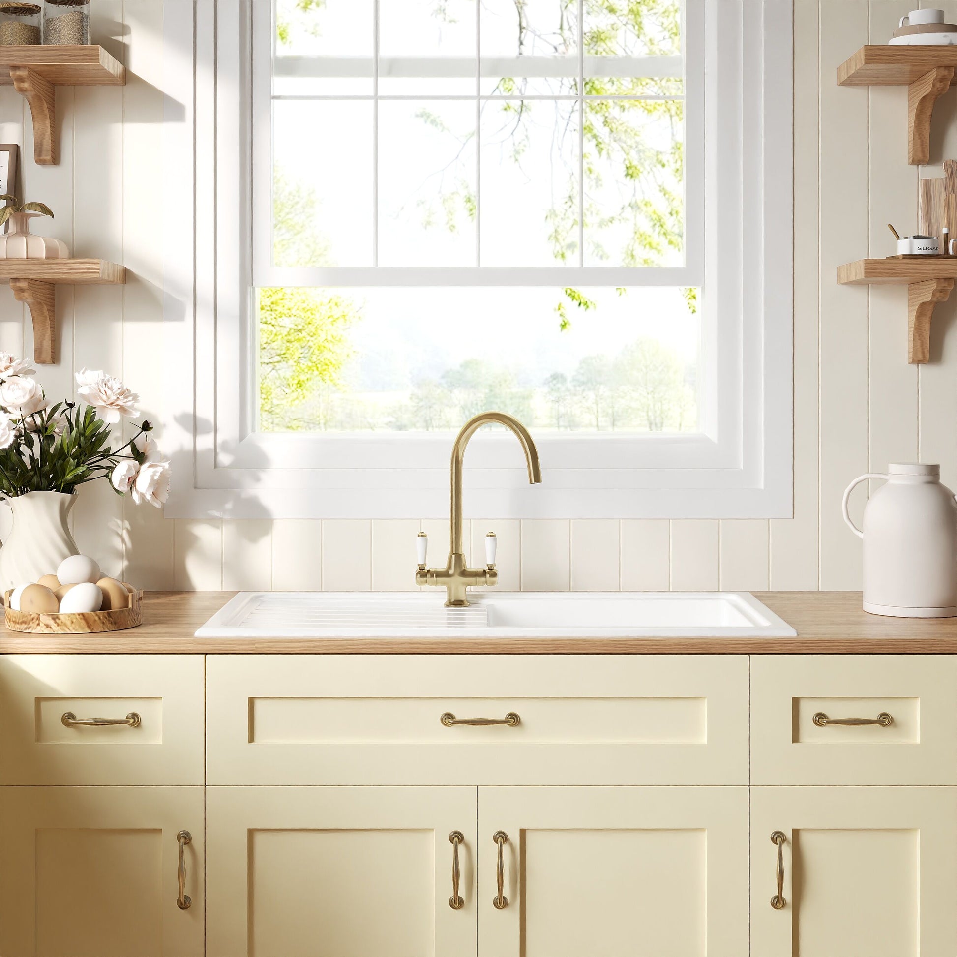 [BKS231WT12] Traditional Fireclay Kitchen Bundle: Single Bowl Sink & Drainer with Waste & Mono Lever Tap, 1010mm - Brushed Brass - Lifestyle 1