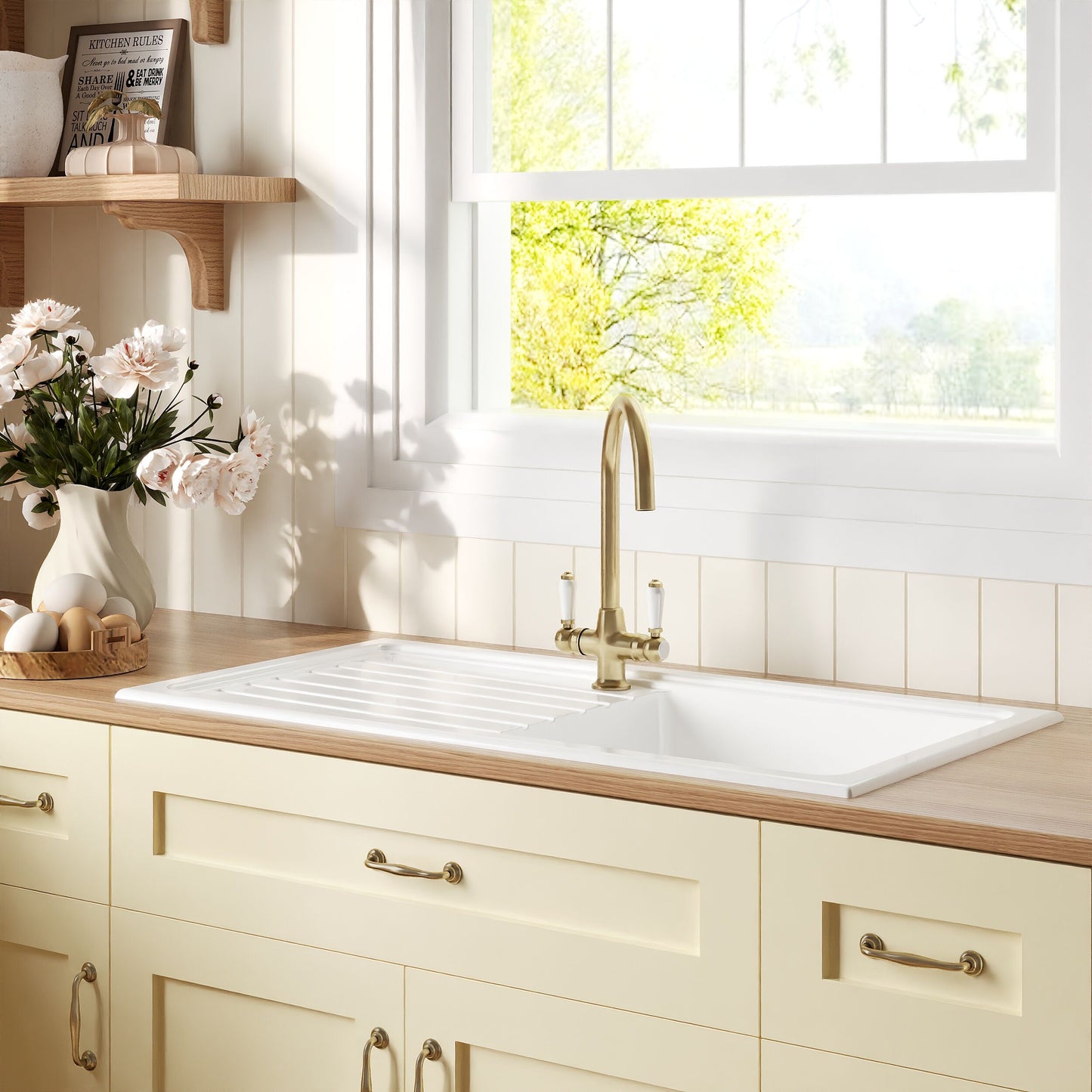[BKS231WT12] Traditional Fireclay Kitchen Bundle: Single Bowl Sink & Drainer with Waste & Mono Lever Tap, 1010mm - Brushed Brass - Lifestyle 3