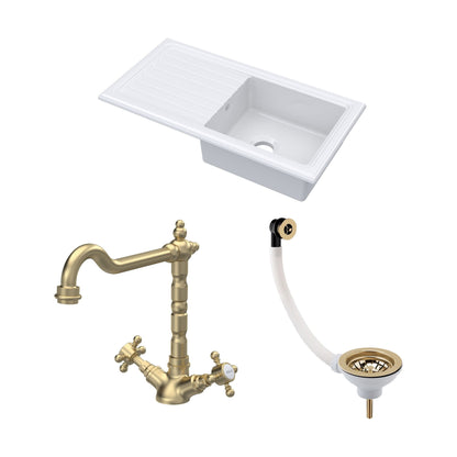 [BKS231WT13] Traditional Fireclay Kitchen Bundle: Single Bowl Sink & Drainer with Waste & French Classic Tap, 1010mm - Brushed Brass - Cutout