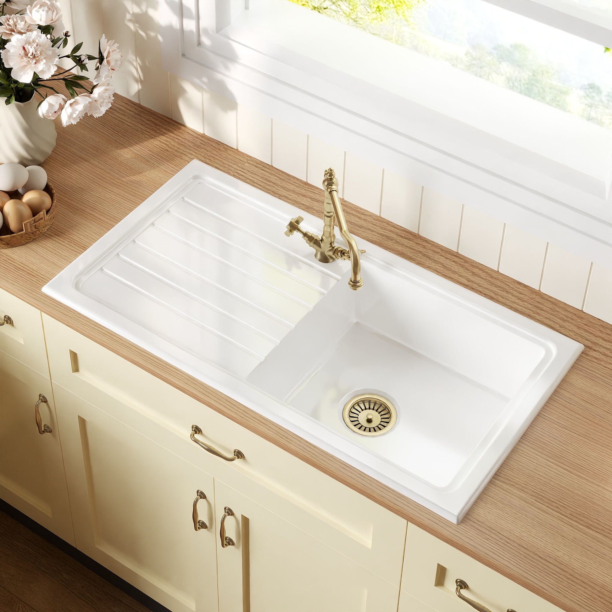 [BKS231WT13] Traditional Fireclay Kitchen Bundle: Single Bowl Sink & Drainer with Waste & French Classic Tap, 1010mm - Brushed Brass - Lifestyle 2