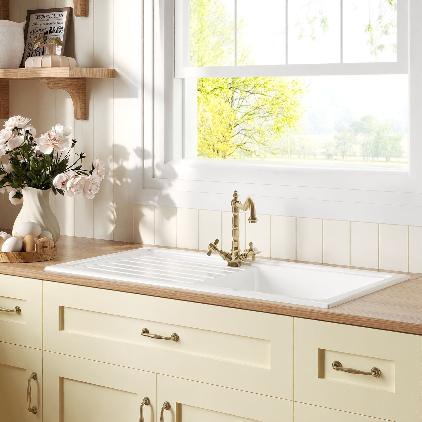 [BKS231WT13] Traditional Fireclay Kitchen Bundle: Single Bowl Sink & Drainer with Waste & French Classic Tap, 1010mm - Brushed Brass - Lifestyle 3