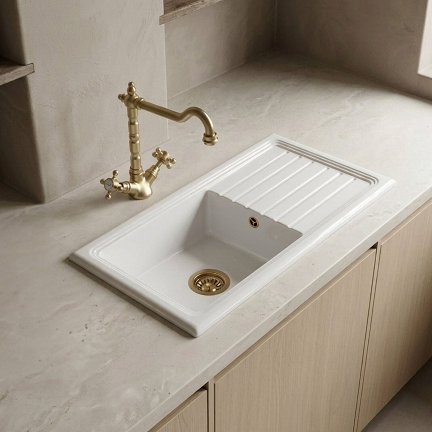 [BKS231WT13] Traditional Fireclay Kitchen Bundle: Single Bowl Sink & Drainer with Waste & French Classic Tap, 1010mm - Brushed Brass - Silo