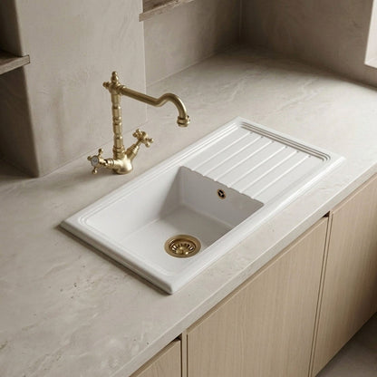 [BKS231WT13] Traditional Fireclay Kitchen Bundle: Single Bowl Sink & Drainer with Waste & French Classic Tap, 1010mm - Brushed Brass - Silo