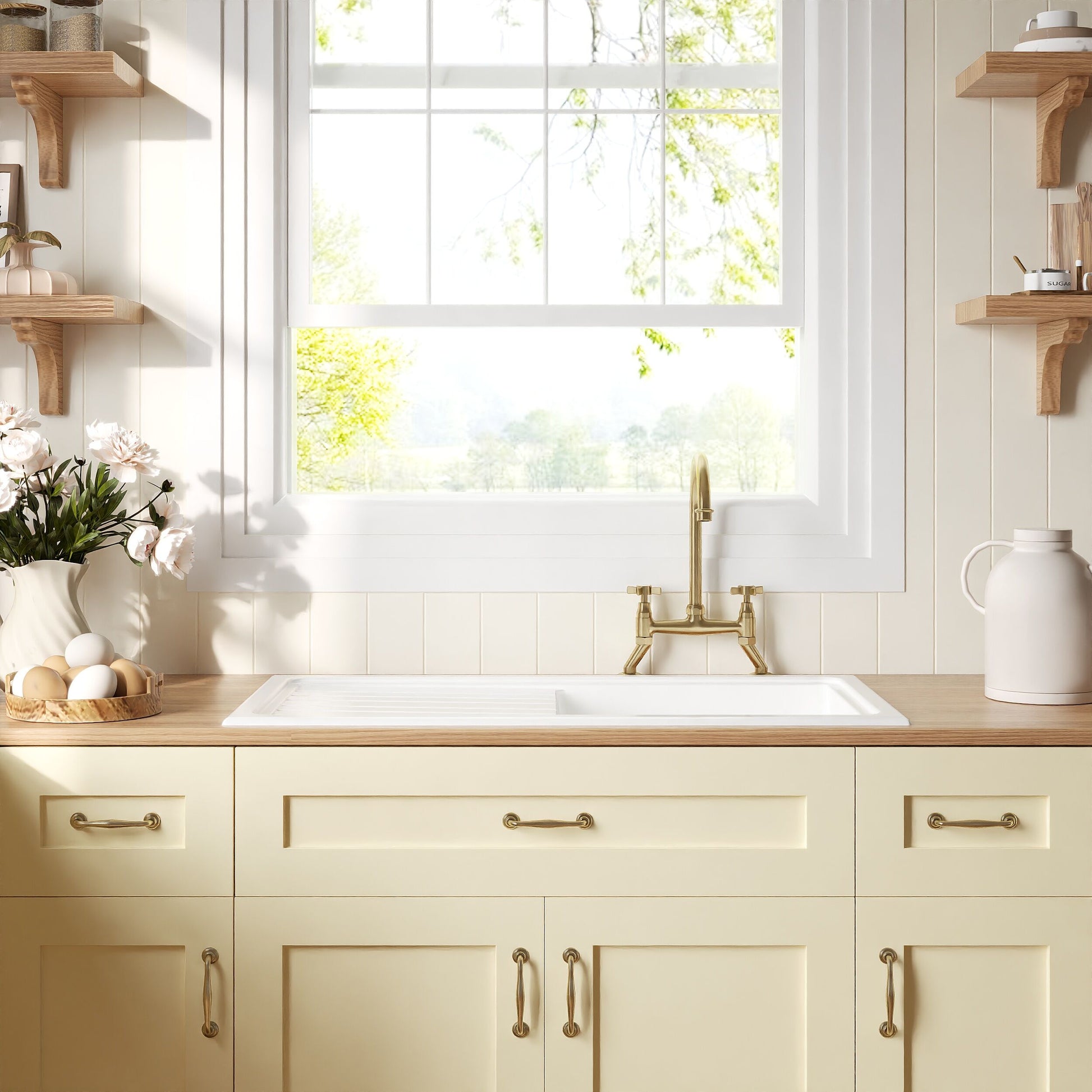 [BKS231WT14] Traditional Fireclay Kitchen Bundle: Single Bowl Sink & Drainer with Waste & Bridge Crosshead Tap, 1010mm - Brushed Brass - Lifestyle 1