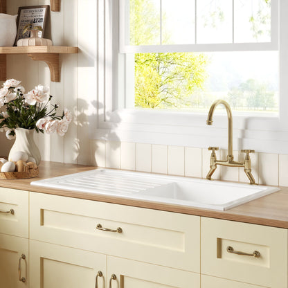 [BKS231WT14] Traditional Fireclay Kitchen Bundle: Single Bowl Sink & Drainer with Waste & Bridge Crosshead Tap, 1010mm - Brushed Brass - Lifestyle 3