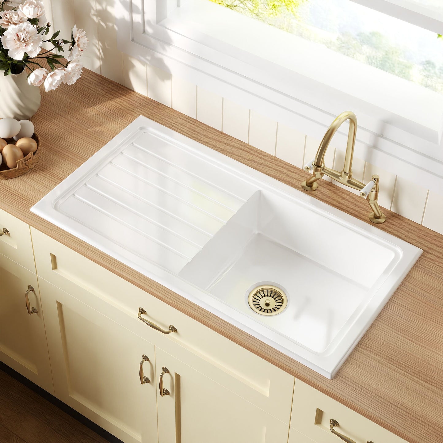 [BKS231WT15] Traditional Fireclay Kitchen Bundle: Single Bowl Sink & Drainer with Waste & Bridge Lever Tap, 1010mm - Brushed Brass - Lifestyle 2