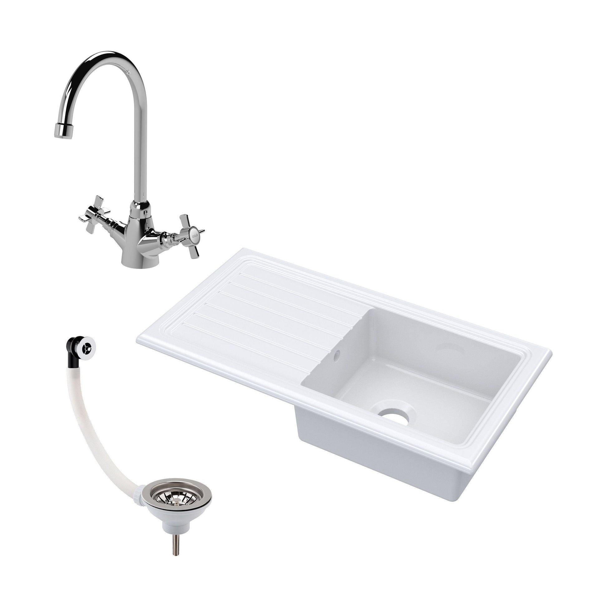 [BKS231WT2] Single Bowl Fireclay Inset Kitchen Sink & Drainer, Mixer Tap & Wastes, 1010mm - Cutout
