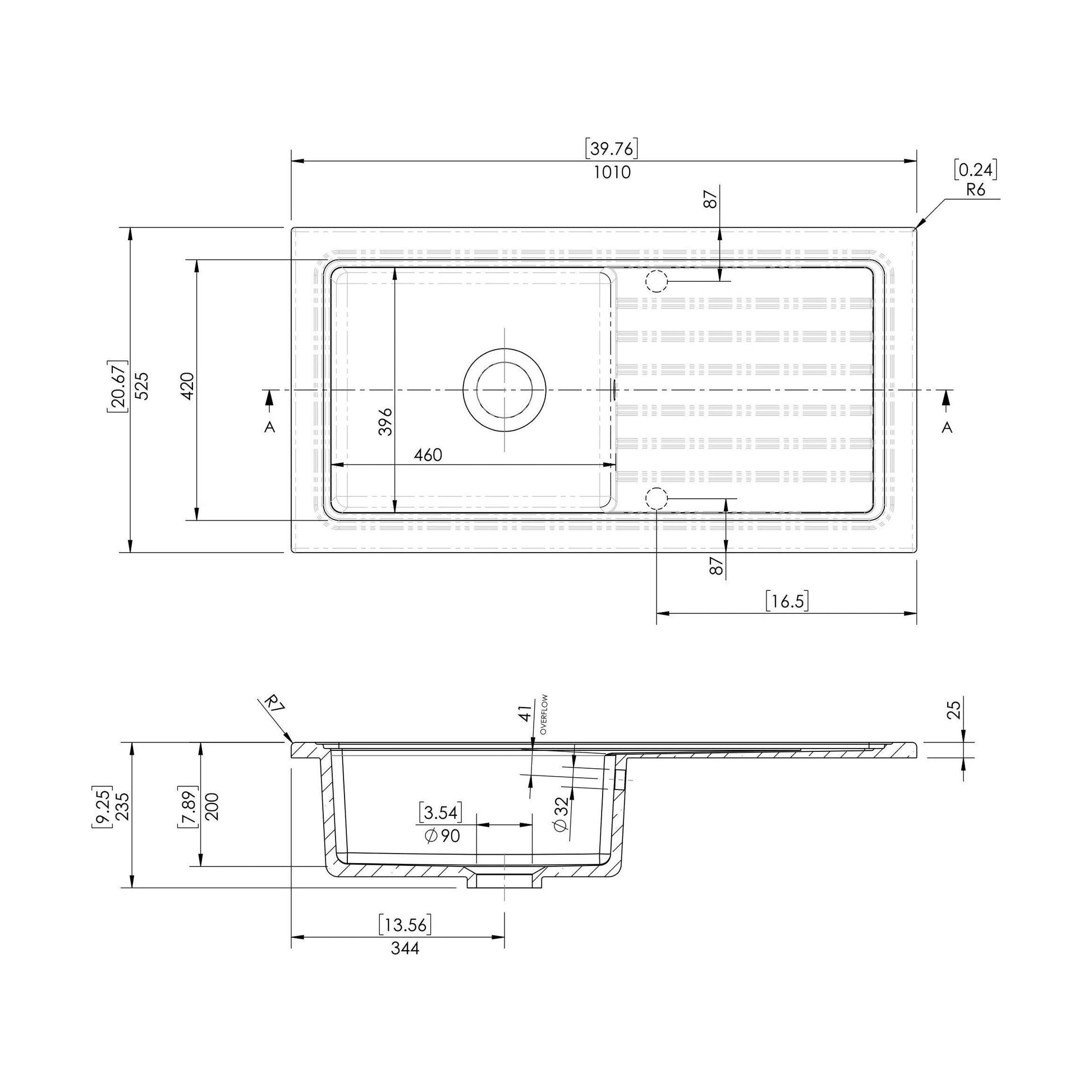 [BKS231WT2] Single Bowl Fireclay Inset Kitchen Sink & Drainer, Mixer Tap & Wastes, 1010mm - Technical Drawing