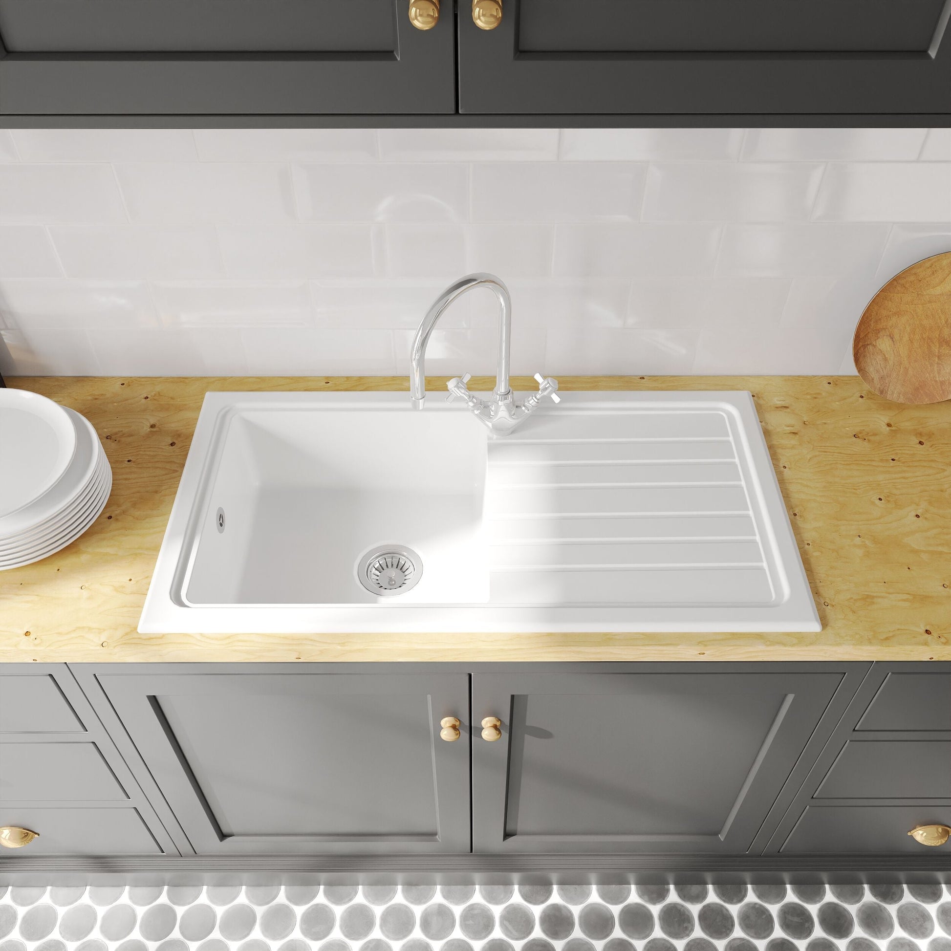 [BKS231WT2] Single Bowl Fireclay Inset Kitchen Sink & Drainer, Mixer Tap & Wastes, 1010mm - Lifestyle 2