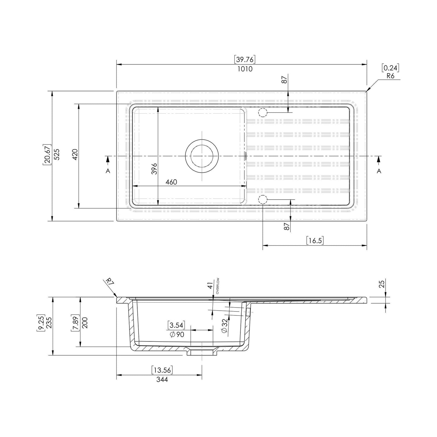 [BKS231WT4] Single Bowl Fireclay Inset Kitchen Sink & Drainer, Classic Tap & Wastes, 1010mm - Technical Drawing