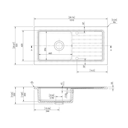[BKS231WT4] Single Bowl Fireclay Inset Kitchen Sink & Drainer, Classic Tap & Wastes, 1010mm - Technical Drawing