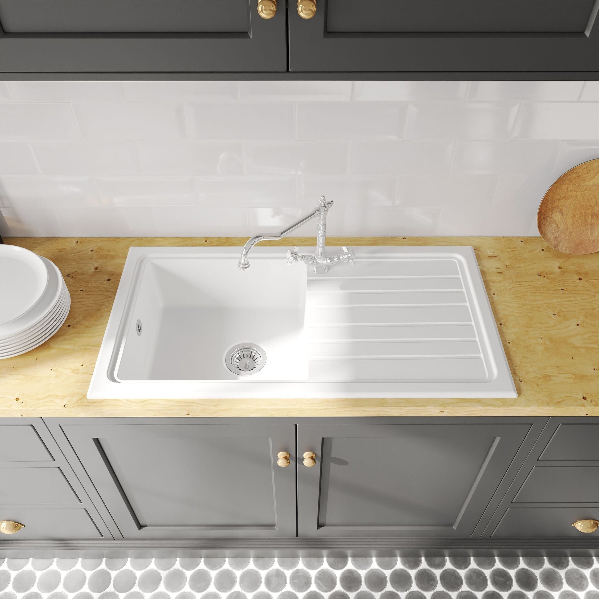[BKS231WT4] Single Bowl Fireclay Inset Kitchen Sink & Drainer, Classic Tap & Wastes, 1010mm - Lifestyle 2