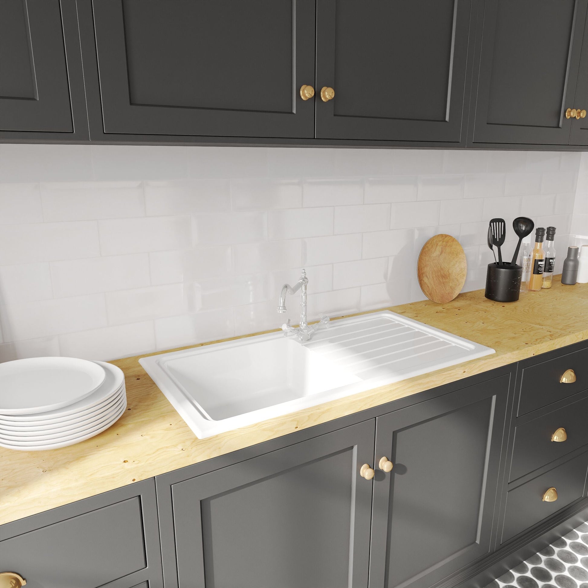 [BKS231WT4] Single Bowl Fireclay Inset Kitchen Sink & Drainer, Classic Tap & Wastes, 1010mm - Lifestyle 3