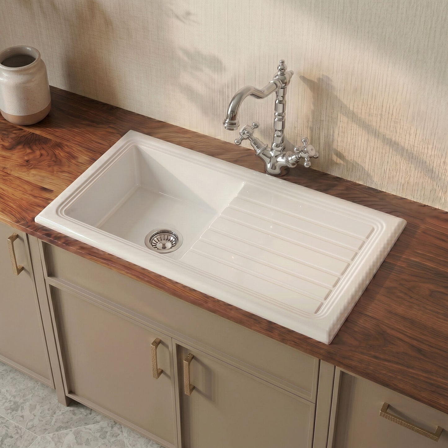[BKS231WT4] Fireclay 1 Bowl Inset Kitchen Sink & Drainer with Classic Tap, Basket Strainer Wastes, 1010mm - White - Silo