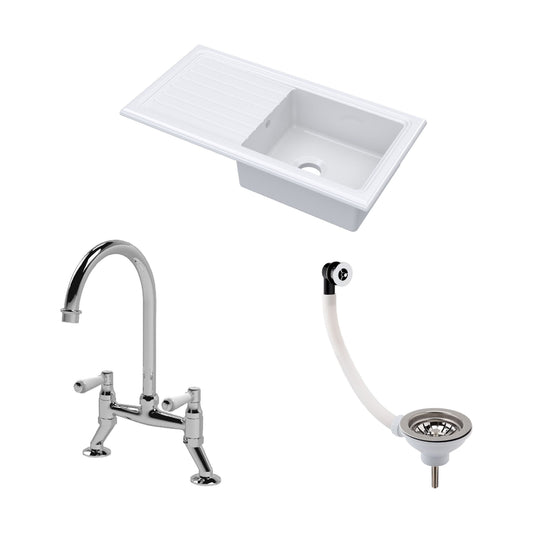 [BKS231WT5] Traditional Fireclay Kitchen Bundle: Single Bowl Sink & Drainer with Bridge Lever Mixer Tap, Basket Strainer Waste, 1010mm - Chrome - Cutout