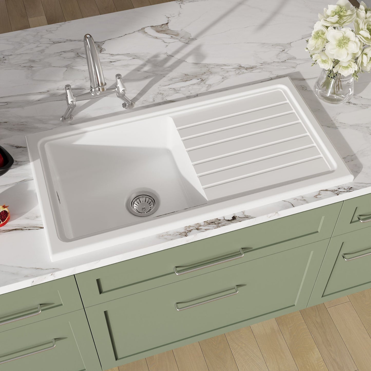 [BKS231WT5] Traditional Fireclay Kitchen Bundle: Single Bowl Sink & Drainer with Bridge Lever Mixer Tap, Basket Strainer Waste, 1010mm - Chrome - Lifestyle 2
