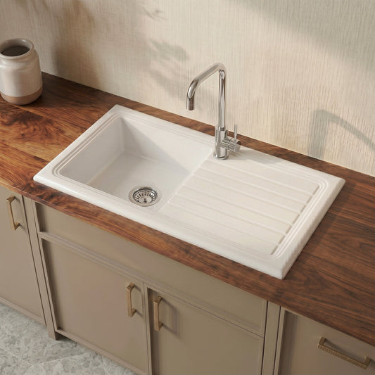 [BKS231W] Traditional Fireclay Single Bowl Inset Kitchen Sink with Waste, 101cm - Choice of Waste Finish - Silo