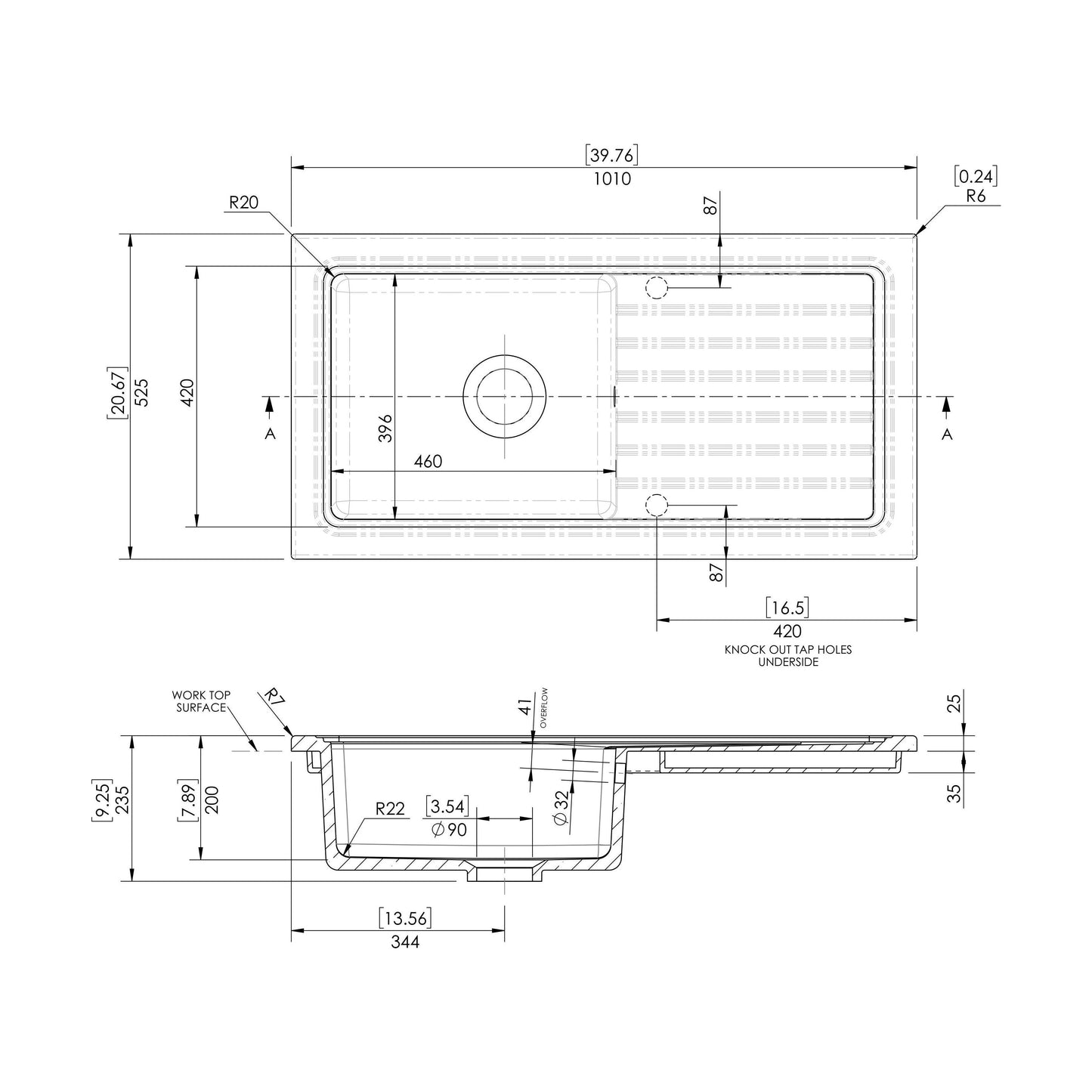 [BKS231] 101cm Inset Counter Top Fireclay Ceramic Kitchen Sink - Multiple Options Available - Technical Drawing