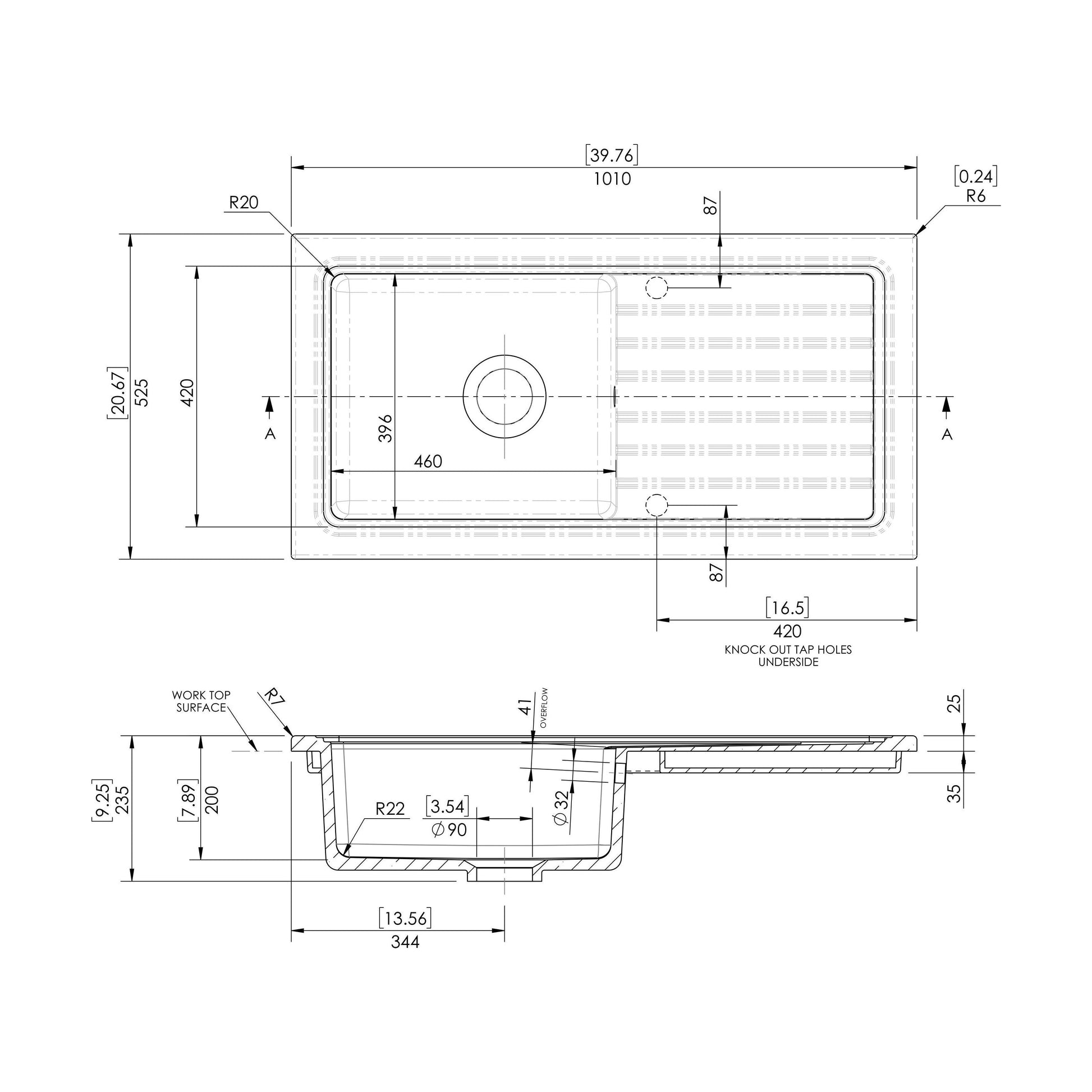 [BKS231] 101cm Inset Counter Top Fireclay Ceramic Kitchen Sink - Multiple Options Available - Technical Drawing