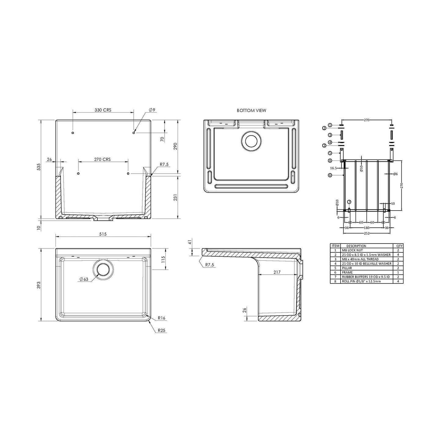 [BKS232] Single Bowl  Fireclay Ceramic Cleaner Sink w.Grid - Multiple Sizes and Accessories - Technical Drawing