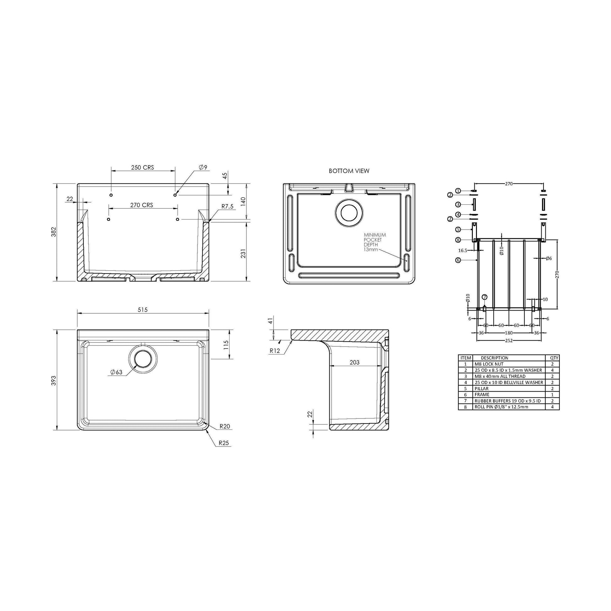 [BKS233] Single Bowl  Fireclay Ceramic Cleaner Sink w.Grid - Multiple Sizes and Accessories - Technical Drawing
