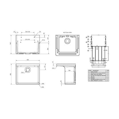 [BKS234WL] Single Bowl  Fireclay Ceramic Cleaner Sink w.Grid - Multiple Sizes and Accessories - Technical Drawing