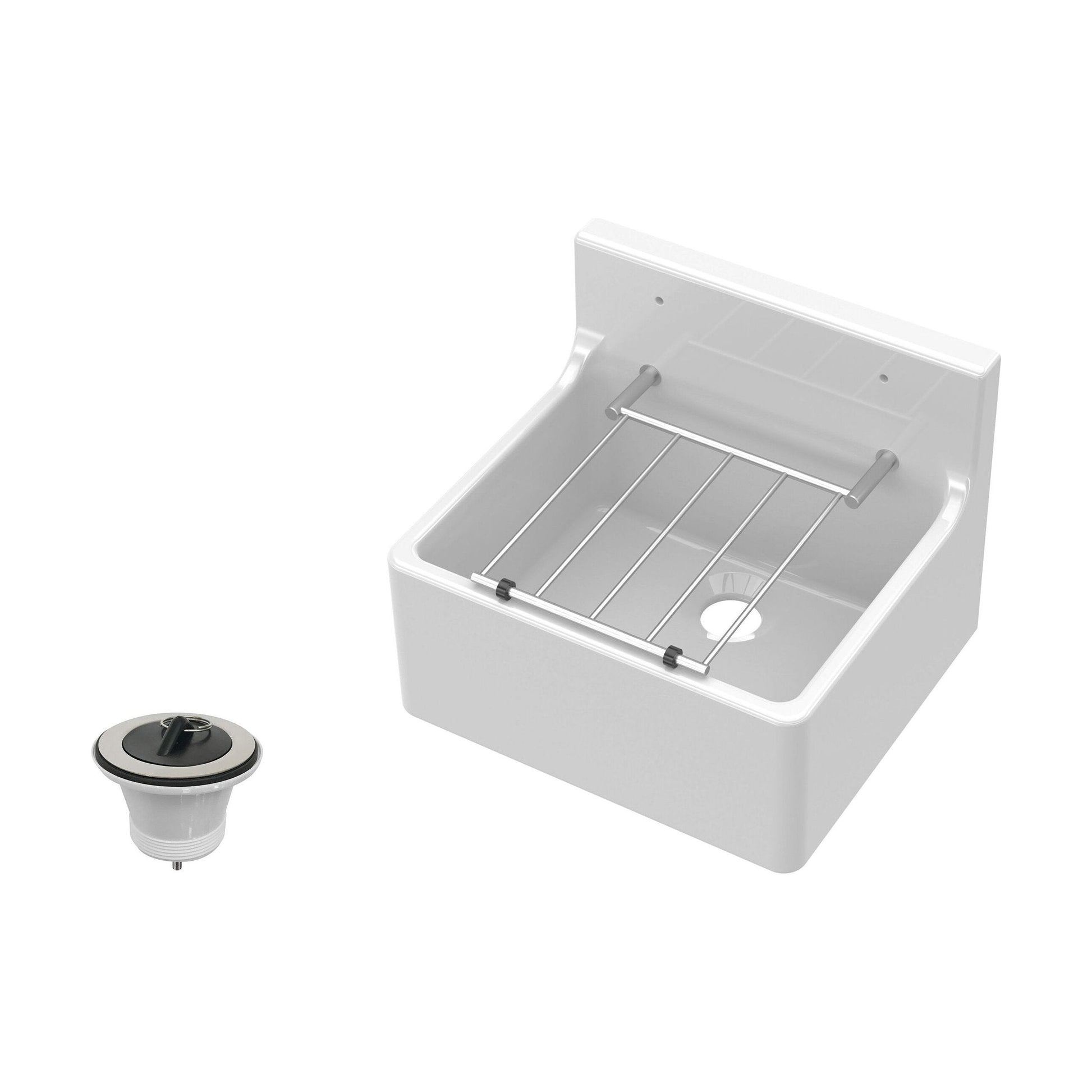 [BKS234WP] Single Bowl  Fireclay Ceramic Cleaner Sink w.Grid - Multiple Sizes and Accessories - Cutout