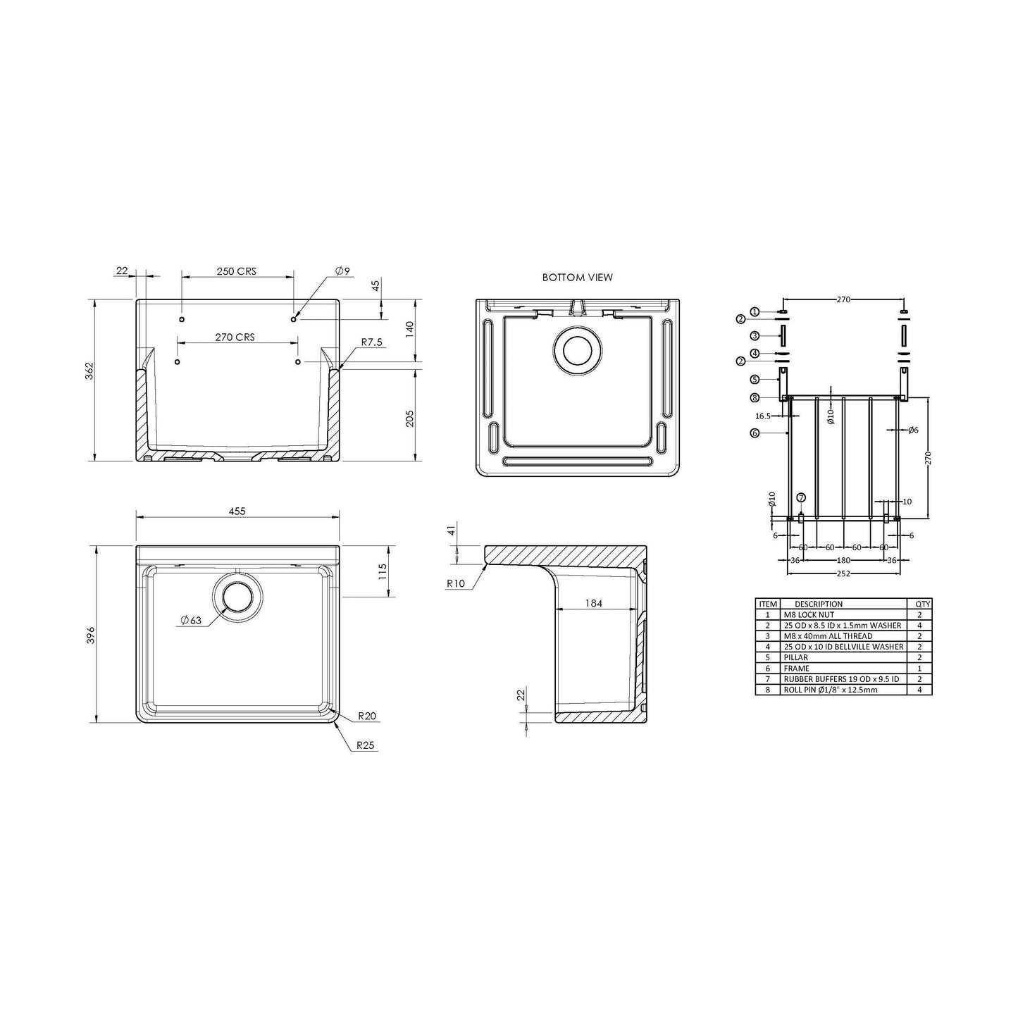 [BKS234] Single Bowl  Fireclay Ceramic Cleaner Sink w.Grid - Multiple Sizes and Accessories - Technical Drawing