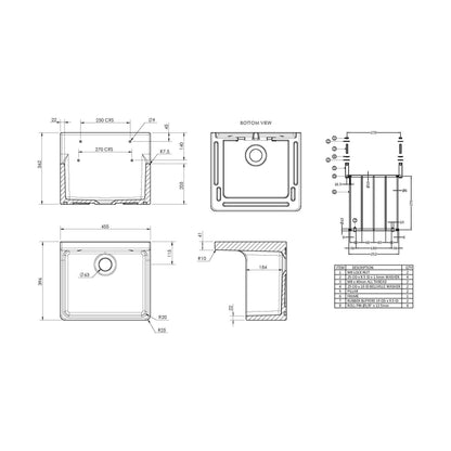 [BKS234] Single Bowl  Fireclay Ceramic Cleaner Sink w.Grid - Multiple Sizes and Accessories - Technical Drawing