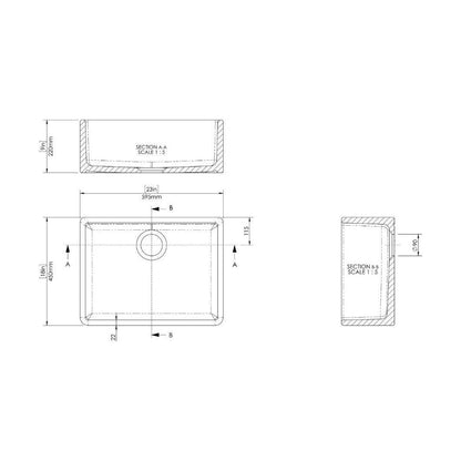 [BKS235] Single Bowl Fireclay Ceramic Butler Kitchen Sink - 595mm - Multiple Colours - Technical Drawing