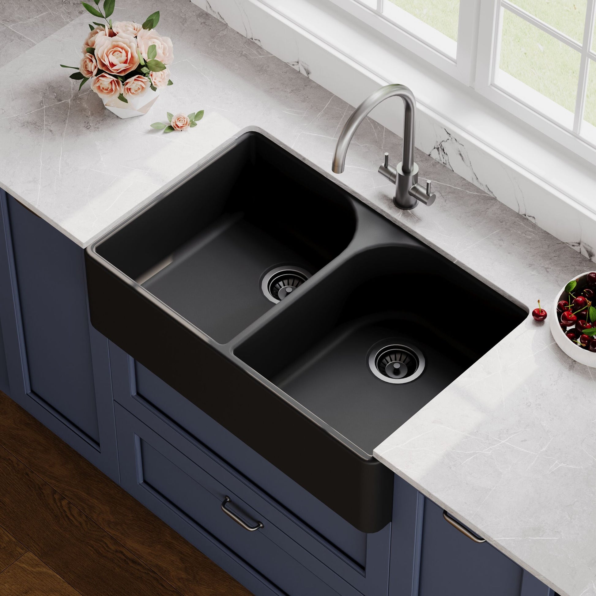 [BKS238] Double Bowl Fireclay Ceramic Butler Kitchen Sink with Full Weir - 795mm - Choice of Colour - Lifestyle 3