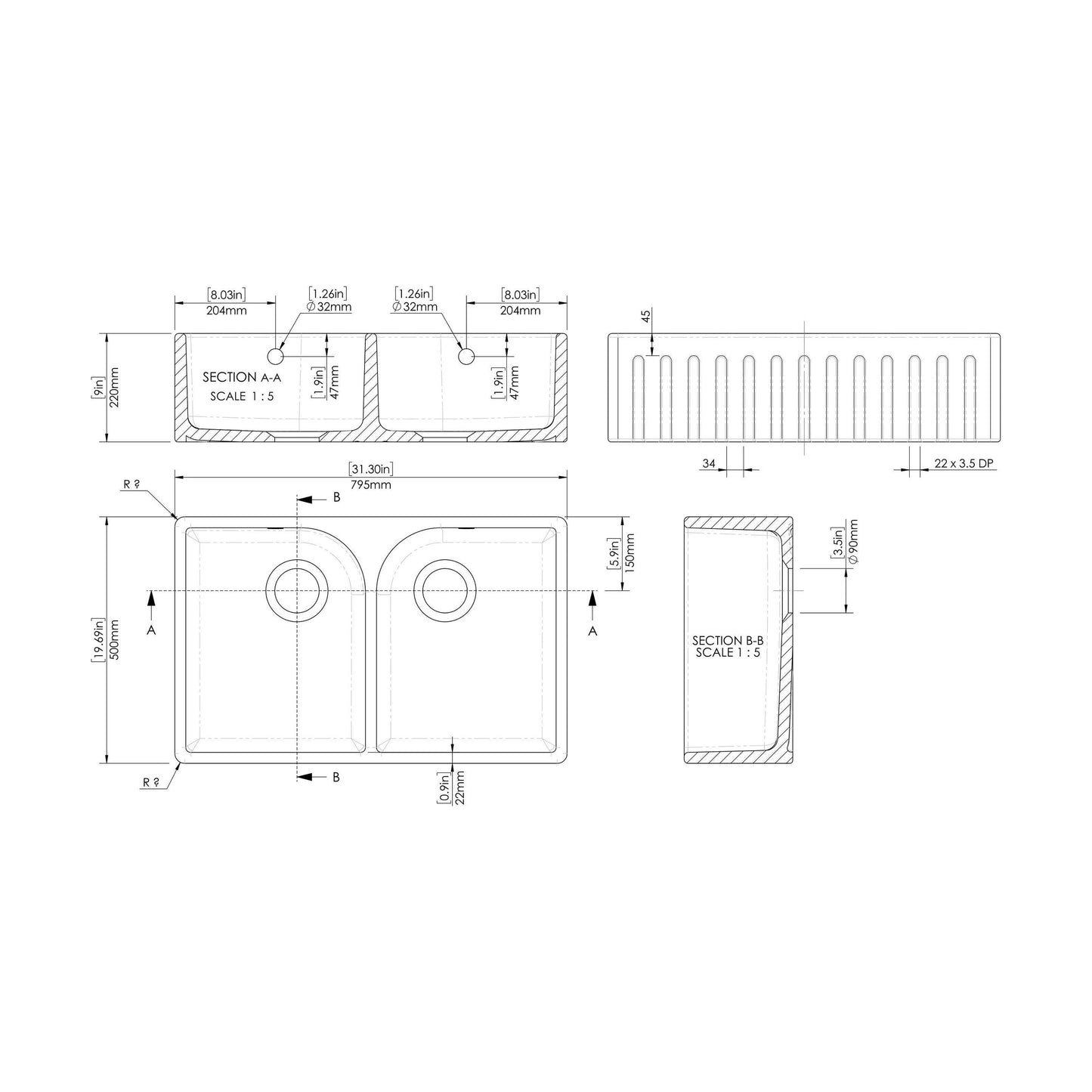 [BKS239W1] Fireclay Double Bowl Fluted Front Butler Kitchen Sink with Full Weir, Overflows, Tap Ledge and Wastes, 795mm - Chrome - Technical Drawing
