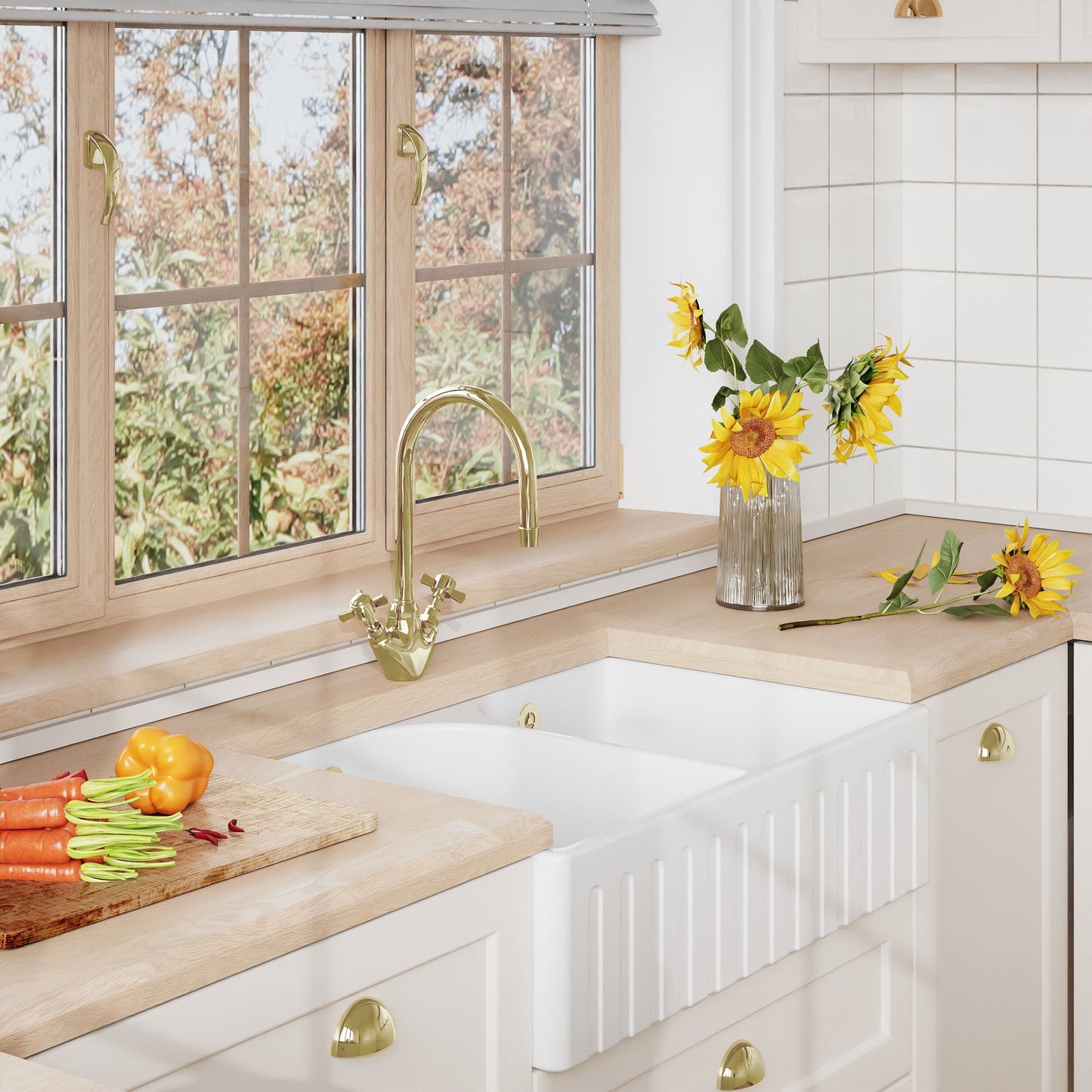 [BKS239W1] Fireclay Double Bowl Fluted Front Butler Kitchen Sink with Full Weir, Overflows, Tap Ledge and Wastes, 795mm - Chrome - Lifestyle 3