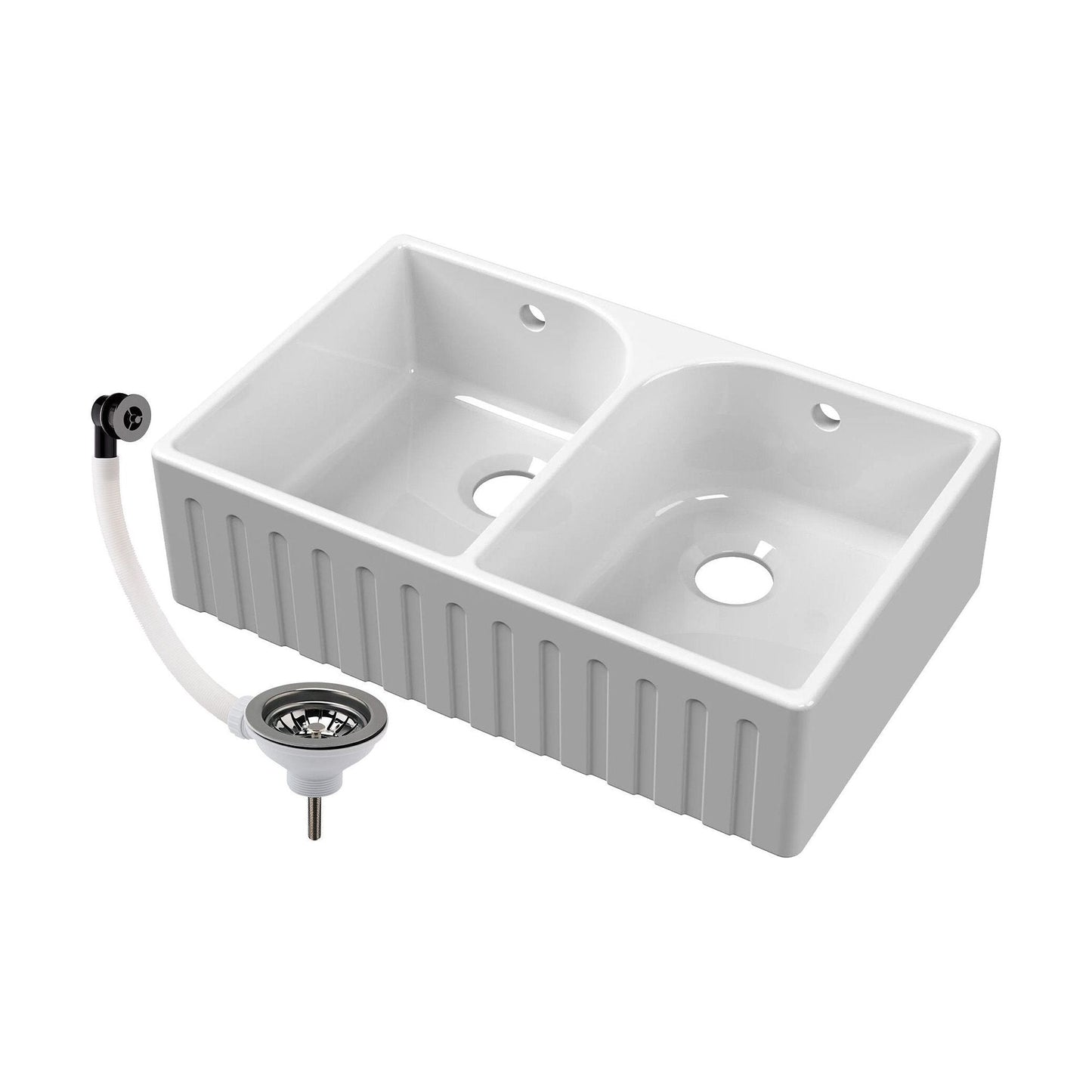 [BKS239W2] Fireclay Double Bowl Fluted Front Butler Kitchen Sink with Full Weir, Overflows, Tap Ledge and Wastes, 795mm - Chrome - Cutout