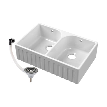 [BKS239W2] Fireclay Double Bowl Fluted Front Butler Kitchen Sink with Full Weir, Overflows, Tap Ledge and Wastes, 795mm - Chrome - Cutout