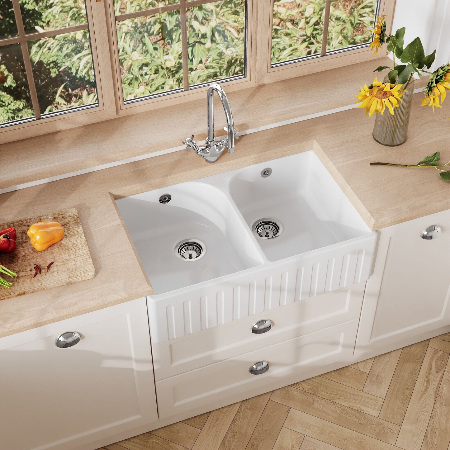 [BKS239W2] Fireclay Double Bowl Fluted Front Butler Kitchen Sink with Full Weir, Overflows, Tap Ledge and Wastes, 795mm - Chrome - Lifestyle 2