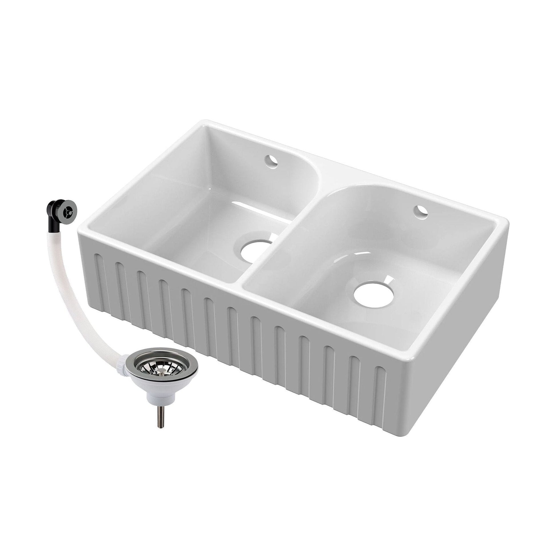 [BKS239W3] Fireclay Double Bowl Fluted Front Butler Kitchen Sink with Full Weir, Overflows, Tap Ledge and Wastes, 795mm - Chrome - Cutout