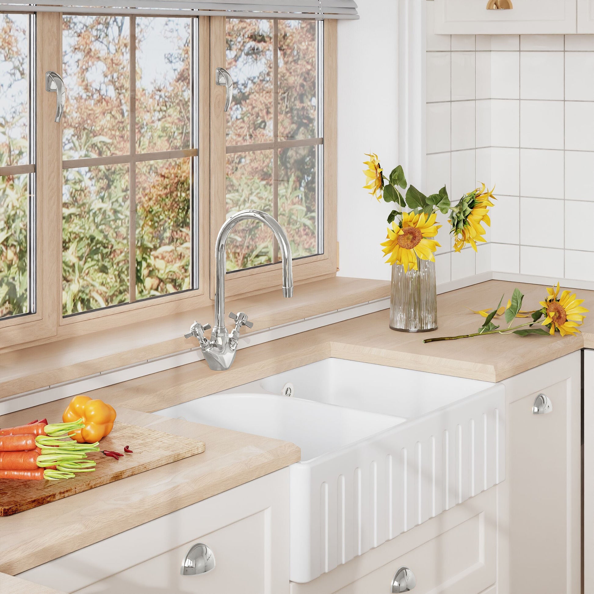 [BKS239W3] Fireclay Double Bowl Fluted Front Butler Kitchen Sink with Full Weir, Overflows, Tap Ledge and Wastes, 795mm - Chrome - Lifestyle 3