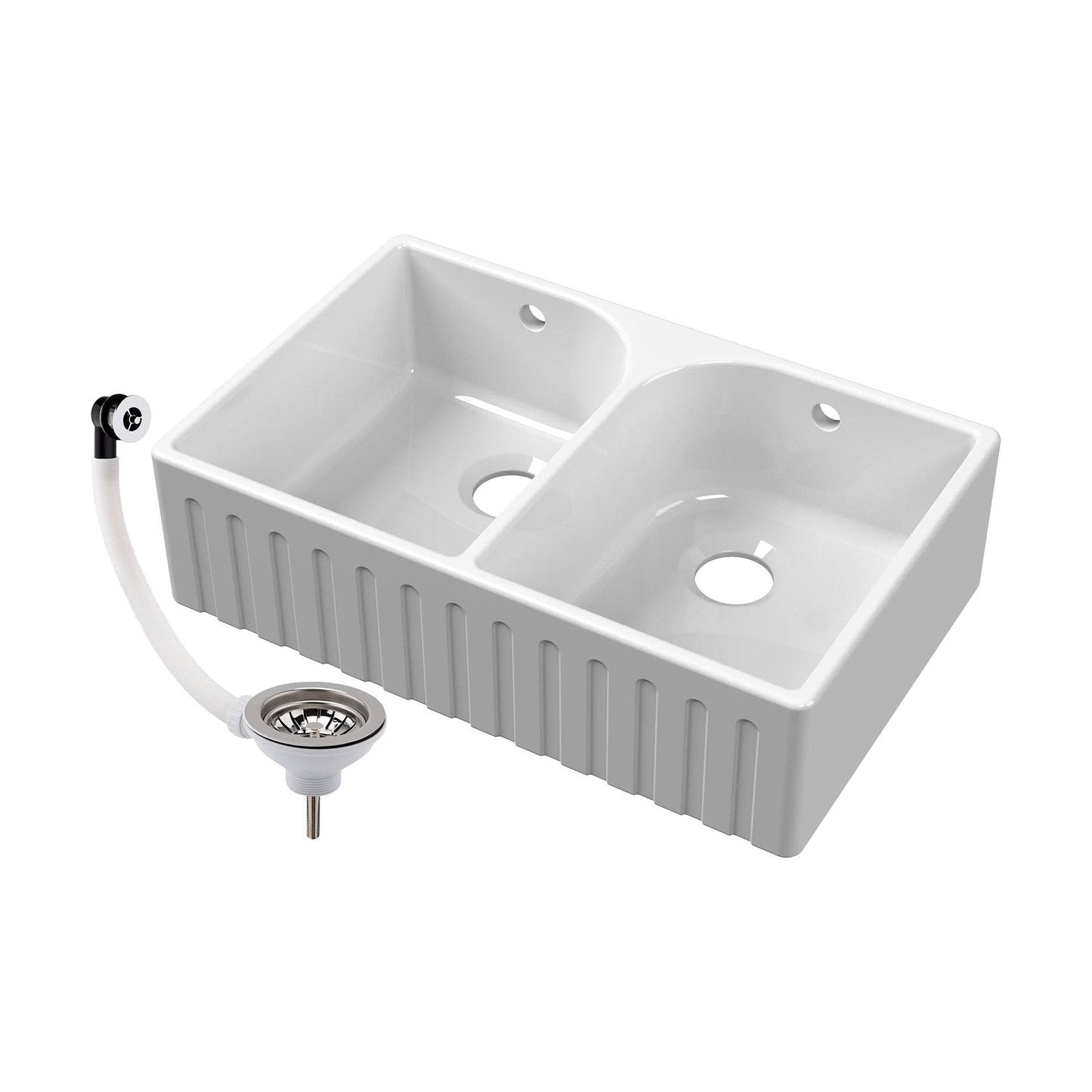 [BKS239W] Fireclay Double Bowl Fluted Front Butler Kitchen Sink with Full Weir, Overflows, Tap Ledge and Wastes, 795mm - Chrome - Cutout