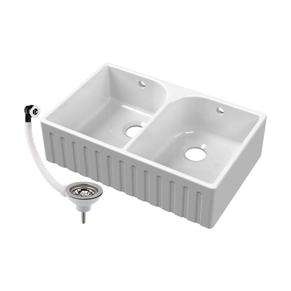 [BKS239W] Fireclay Double Bowl Fluted Front Butler Kitchen Sink with Full Weir, Overflows, Tap Ledge and Wastes, 795mm - Chrome - Cutout