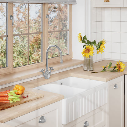 [BKS239W] Fireclay Double Bowl Fluted Front Butler Kitchen Sink with Full Weir, Overflows, Tap Ledge and Wastes, 795mm - Chrome - Lifestyle 3