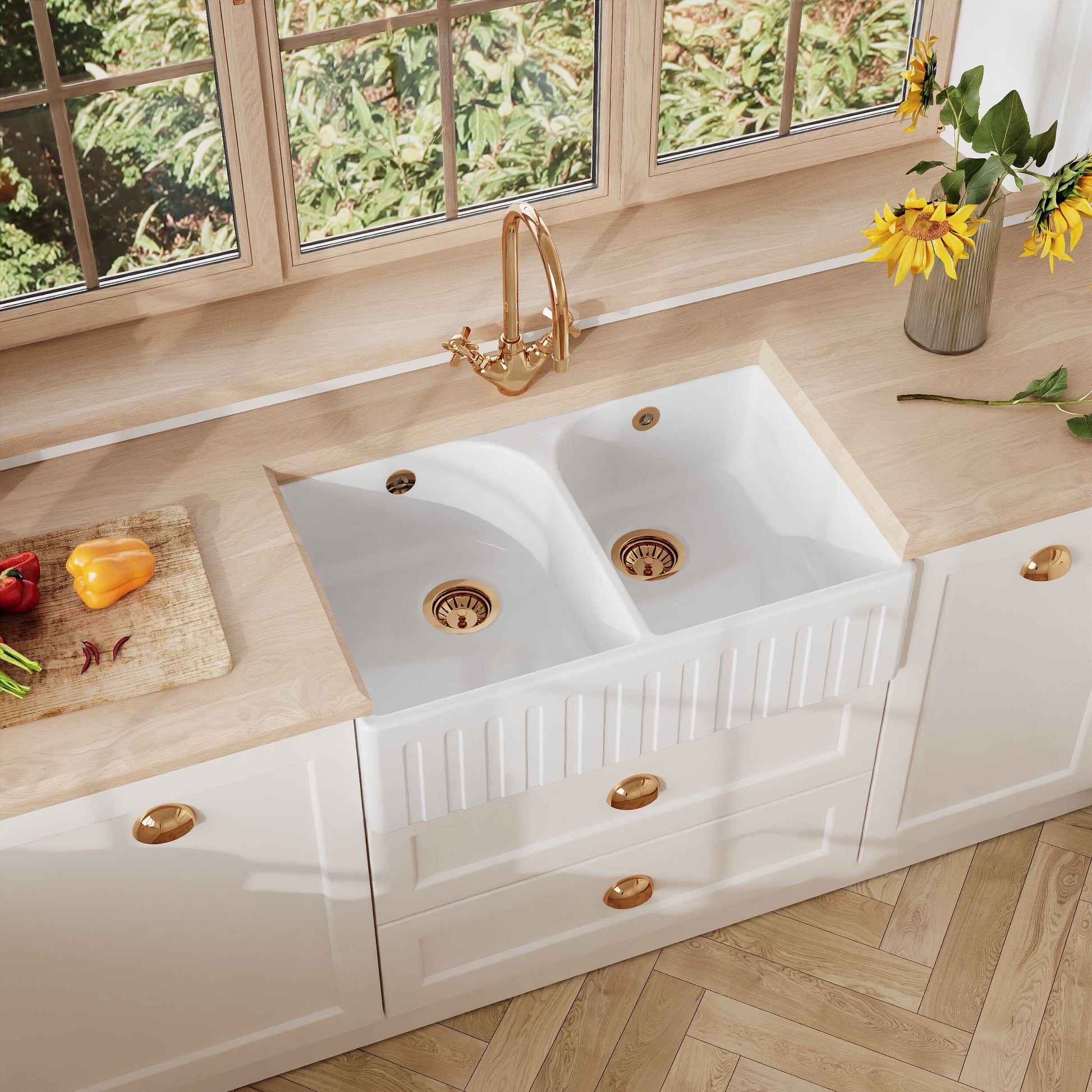 [BKS239] Fireclay Ceramic Kitchen Double Bowl Fluted Front Butler Sink with Full Weir - 795mm - Lifestyle 2