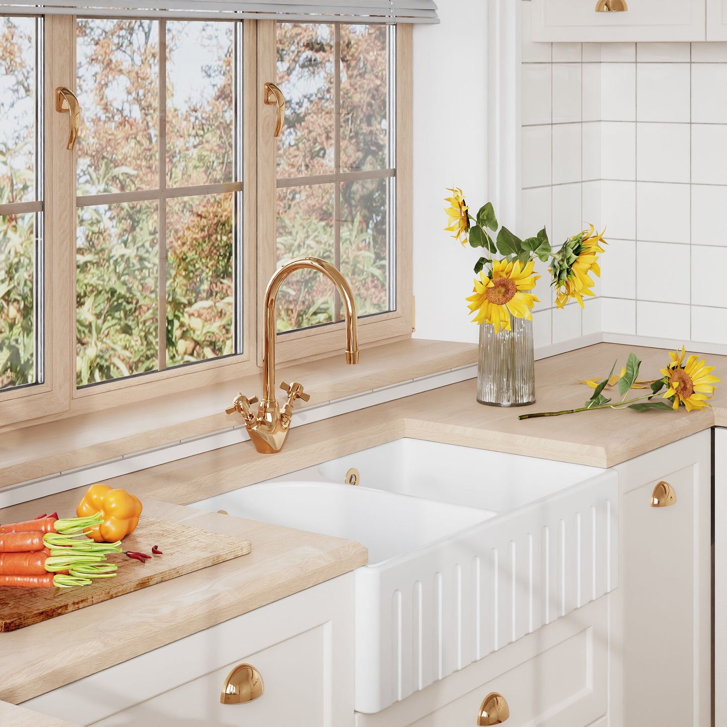 [BKS239] Fireclay Ceramic Kitchen Double Bowl Fluted Front Butler Sink with Full Weir - 795mm - Lifestyle 3